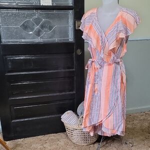 NWT DAVI & DANI Peach And Blue Stripe Asymmetrical Wrap Dress Woman Size 2XL